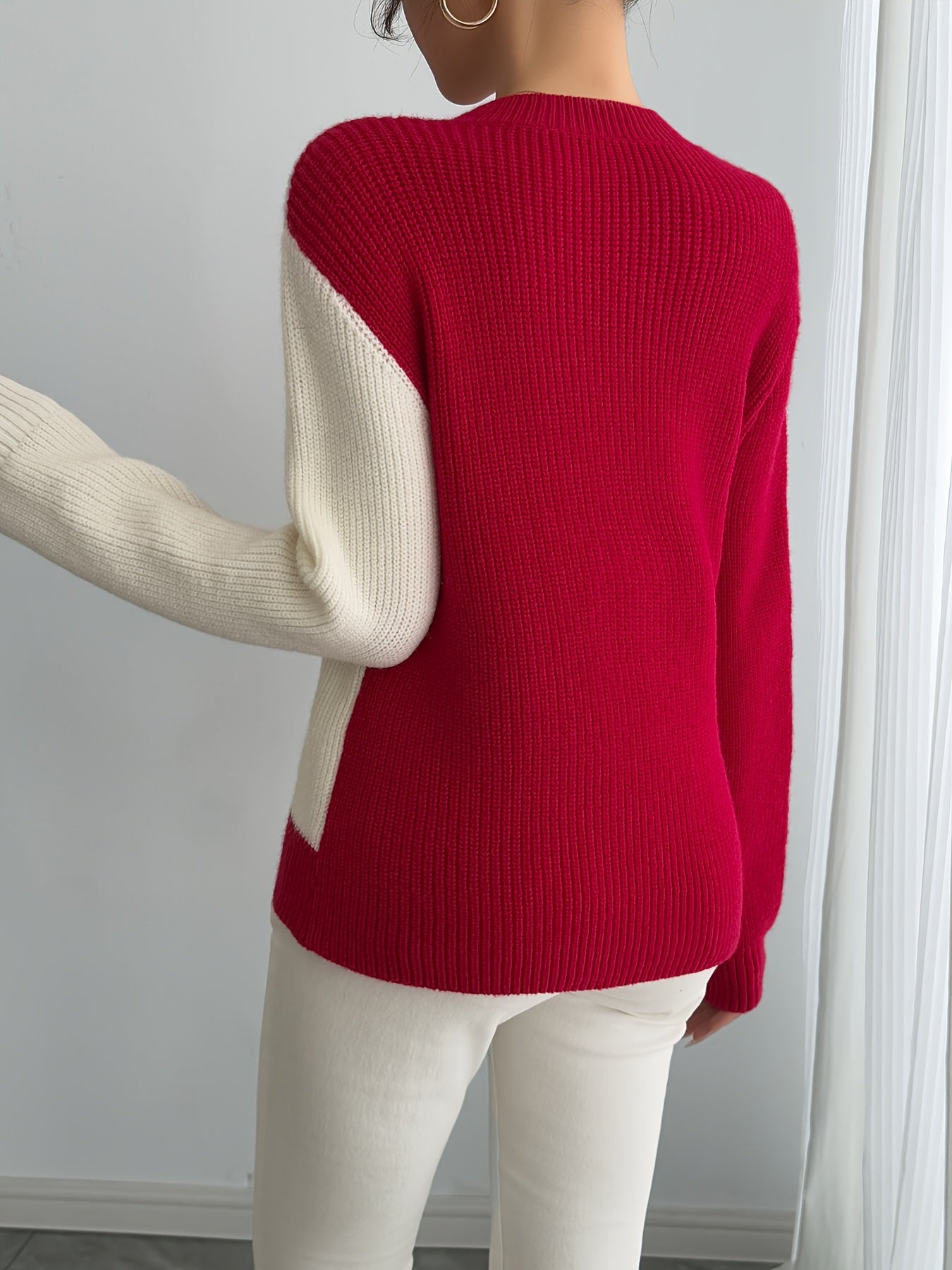 Women's Knit Heart Top – Cozy High Neck Valentine’s Day Pullover Sweater, Soft Polyester Knit for Fall & Winter